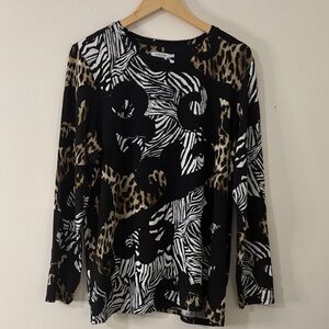 Chico’s 3 XL Animal Mixed Print Top Zebra Leopard Long Sleeve Blouse Black Brown